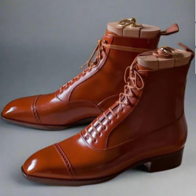 Tan Leather Orvieto Lace Up Toe Cap Brogue Oxford Boots - Boots Profile Picture