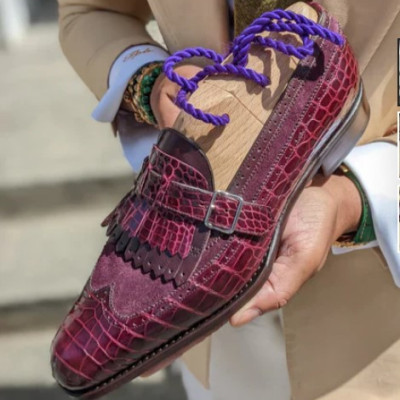 Burgundy Italian Alligator Leather Libraria Tassel Loafers With Monk Strap - Loafers Shoes Profile Picture