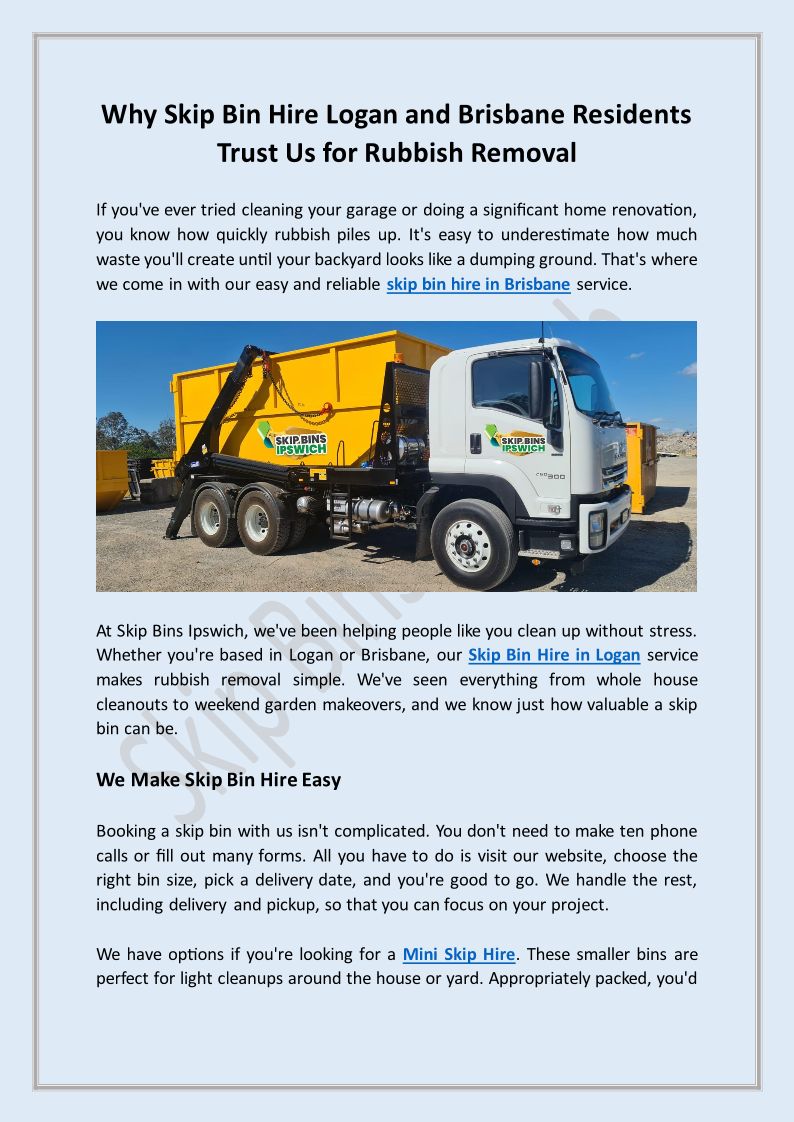 Why Skip Bin Hire Logan And Brisbane Residents Trust Us For Rubbish Removal
