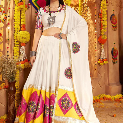 Incredible White Jacquard Patch Work Cotton Navratri Wear Lehenga Choli Profile Picture