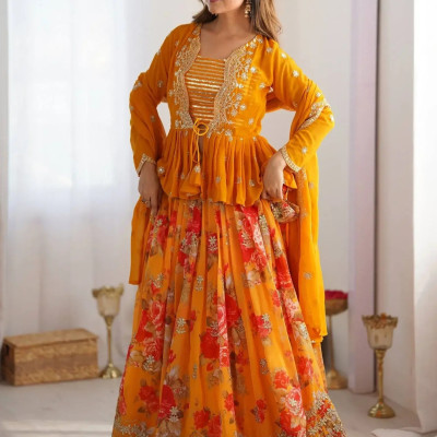Stunning Mustard Yellow Printed Georgette Crop Top Lehenga With Jacket Profile Picture