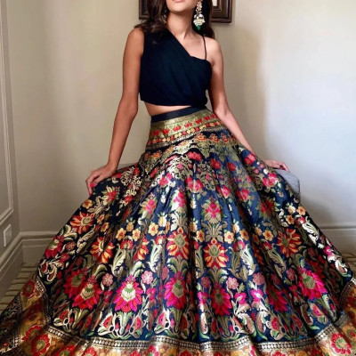 Impressive Black Banarasi Indo-Western Crop Top Lehenga Profile Picture
